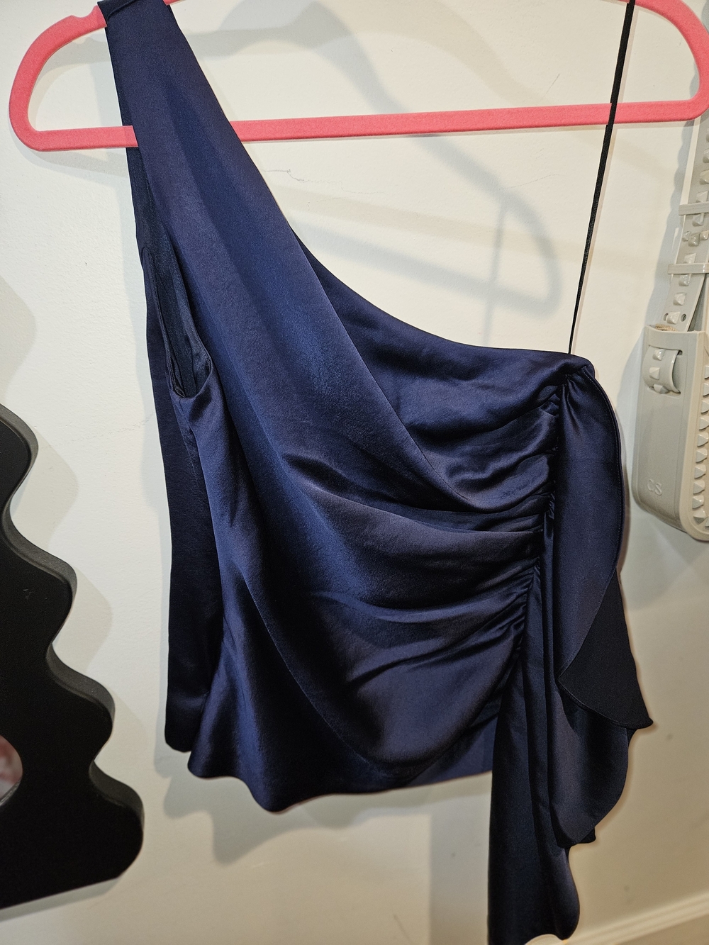Trina Turk Navy One-Shoulder Satin Top